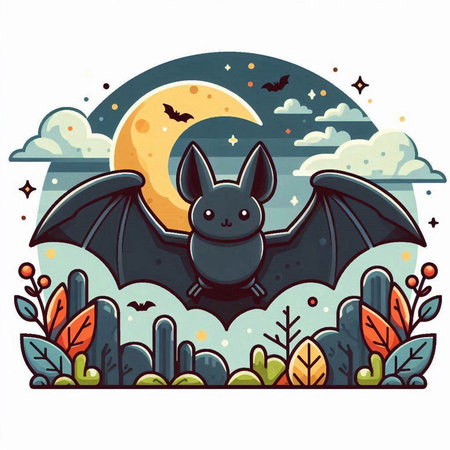 Halloween vector illustration with bat, moon and trees. Vector illustration.のイラスト素材