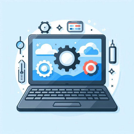Flat design vector illustration concept of cloud computing. Laptop with gear wheel on screen.のイラスト素材