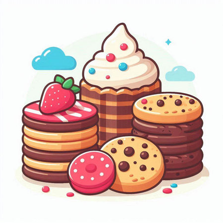 Illustration of a stack of delicious chocolate chip cookies, strawberries and donuts.のイラスト素材