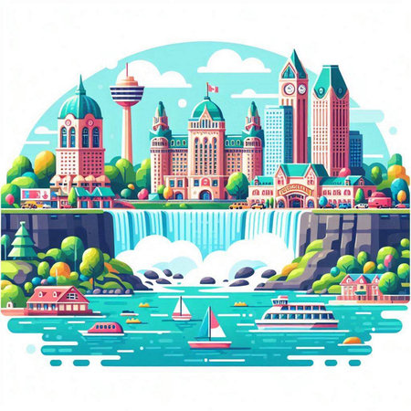 Vector illustration of cityscape with famous buildings and waterfalls in flat style.のイラスト素材