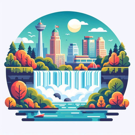 Autumn city landscape with waterfalls, trees and lake. Vector illustrationのイラスト素材