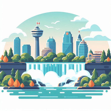 Vector illustration of a city landscape with a waterfall and a river.のイラスト素材