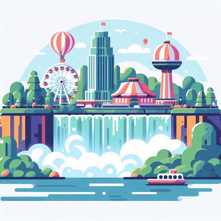 Amusement park in flat style. Vector illustration with cityscape and river.のイラスト素材