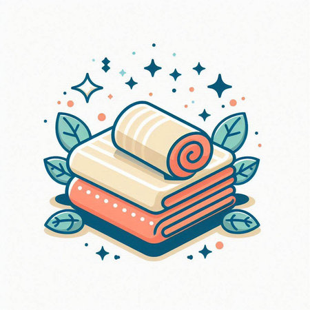 Vector illustration of a stack of towels on a white background with leaves.のイラスト素材