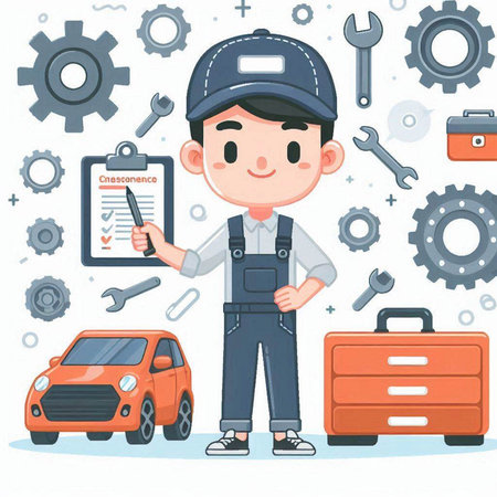 Cartoon mechanic in uniform with tools and car. Vector illustration.のイラスト素材