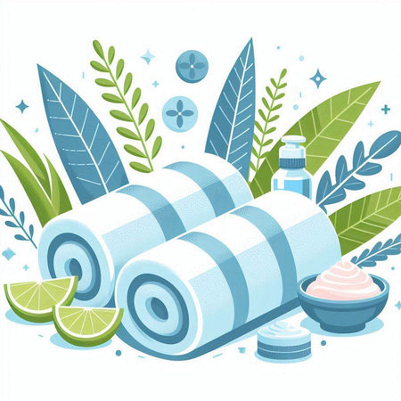 Vector illustration of a set of spa products: towels, cream, sea salt, lime, face cream.のイラスト素材