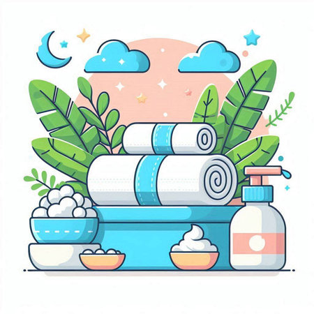 Spa and wellness concept. Set of towels, shampoo, cream, lotion, towel, soap. Vector illustration in flat styleのイラスト素材