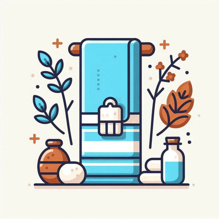 Spa and wellness vector illustration. Bathroom towels, candles, flowers and leaves.のイラスト素材