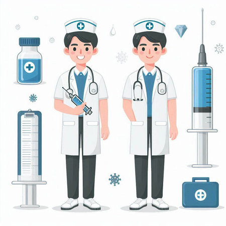Male nurse and doctor with medical icons set. Vector illustration in cartoon style.のイラスト素材