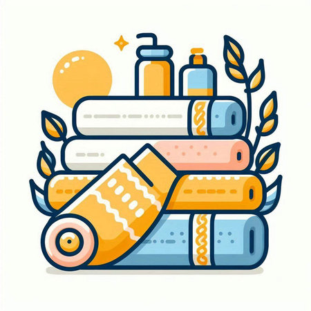 Spa and wellness vector illustration. Towel, shampoo, conditioner, lotion, cream, towel.のイラスト素材