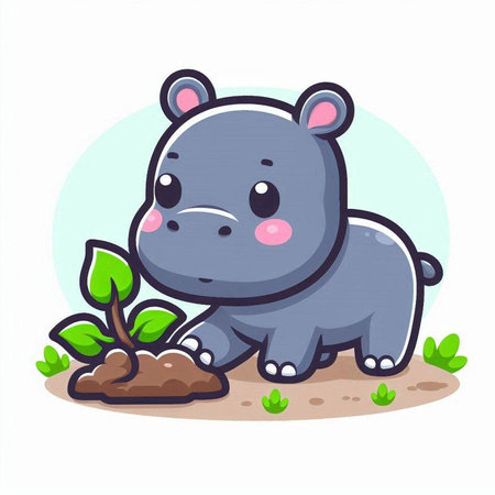 Cute hippopotamus sitting in the grass. Vector illustration.のイラスト素材
