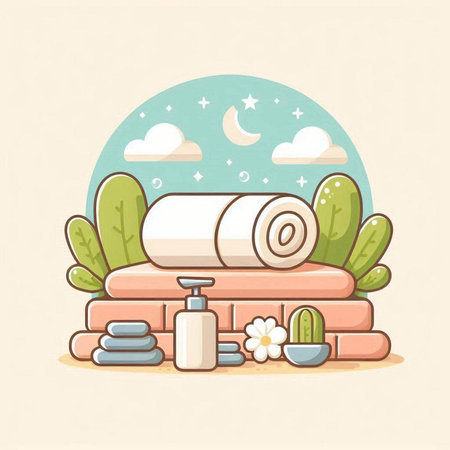 Vector illustration of a spa with towels, soap, candles and flowers.のイラスト素材