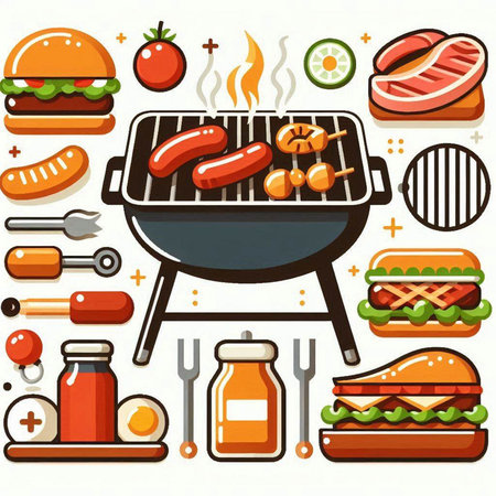 Vector illustration of barbecue grill with grilled meat, vegetables and sauce.のイラスト素材