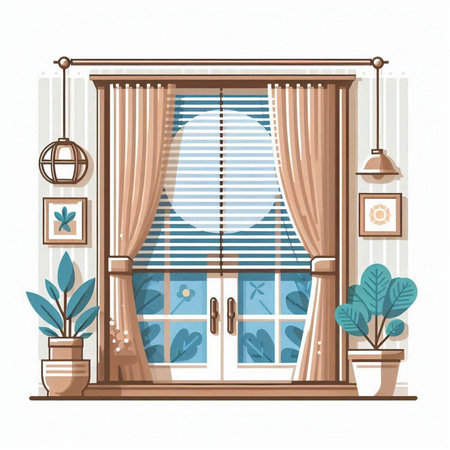 Window with curtains and plants. Vector illustration in a flat style.のイラスト素材