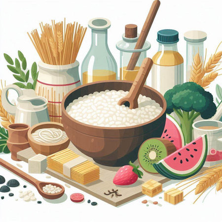 Illustration of healthy food with rice, milk, fruits and vegetablesのイラスト素材