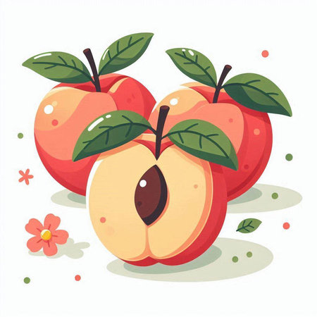 Peach with leaf on white background. Vector illustration in cartoon style.のイラスト素材
