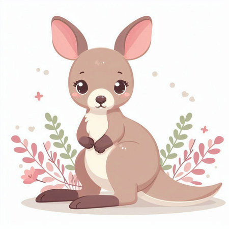Cute kangaroo sitting with flowers and leaves. Vector illustration.のイラスト素材