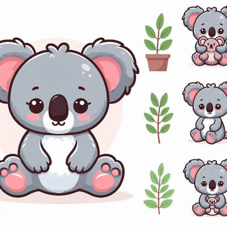 Cute koala cartoon character set. Vector illustration of a cute koala.のイラスト素材