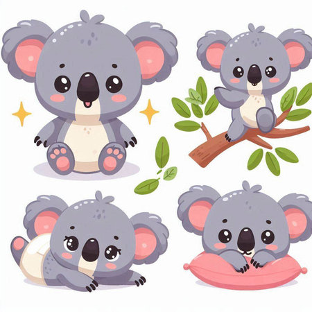 Cute koala cartoon set. Vector illustration in a flat style.のイラスト素材