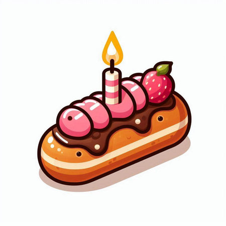 Eclair with strawberry and candle on a white background. Vector illustration.のイラスト素材