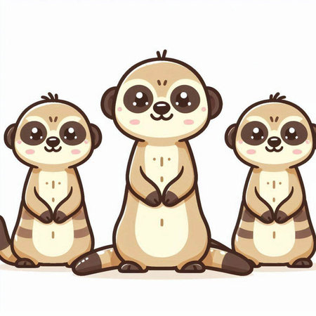 Three cute meerkats on a white background. Vector illustration.のイラスト素材