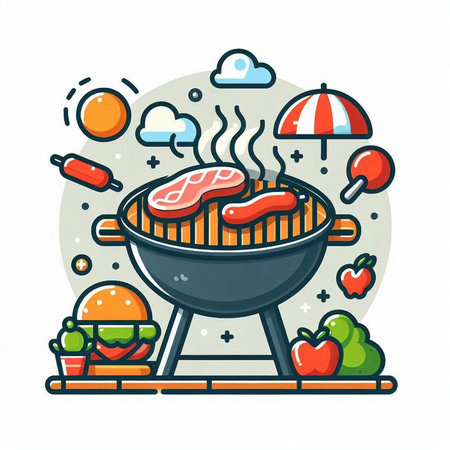 Barbecue grill with meat and vegetables. Vector illustration in flat styleのイラスト素材