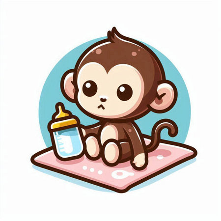 Cute monkey with a bottle of milk. Vector illustration in cartoon style.のイラスト素材