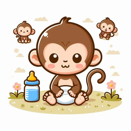 Cute baby monkey sitting on the grass with baby bottle. Vector illustration.のイラスト素材
