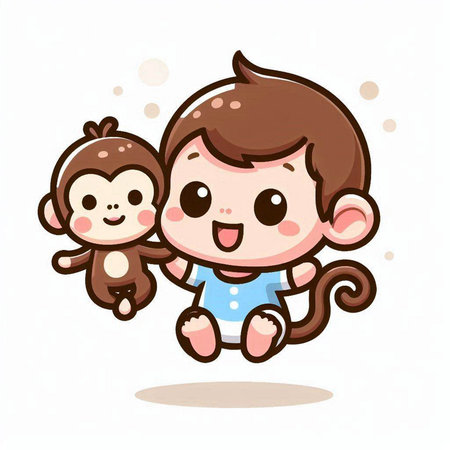 Cute baby boy and girl playing with monkey cartoon vector illustration.のイラスト素材
