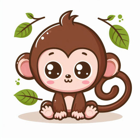 Cute cartoon monkey with leaves on white background. Vector illustration.のイラスト素材