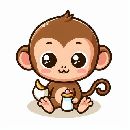Cute little monkey with milk bottle isolated on white background. Vector illustration.のイラスト素材