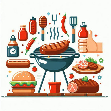 Barbecue party vector illustration. BBQ grill in flat style with food and drinks.のイラスト素材