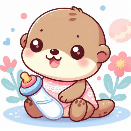 Cute baby boy with a bottle of milk. Vector illustration.のイラスト素材