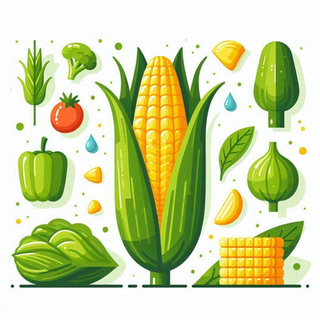 Illustration of fresh corn and vegetables on white background. Vector illustrationのイラスト素材