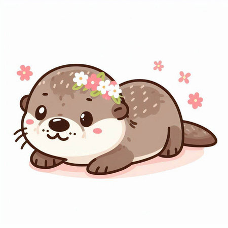 Cute otter with flower wreath on head. Vector illustration.のイラスト素材