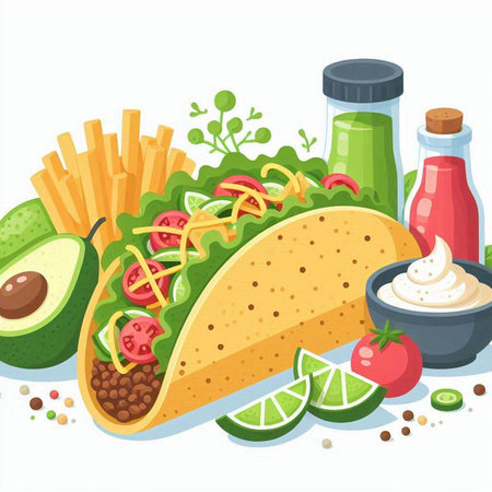 Mexican food vector illustration. Taco, chips, guacamole, tomato, avocadonnaiseのイラスト素材
