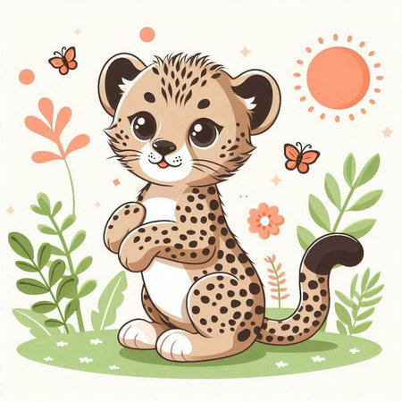 Cute cartoon cheetah sitting on the grass. Vector illustrationのイラスト素材