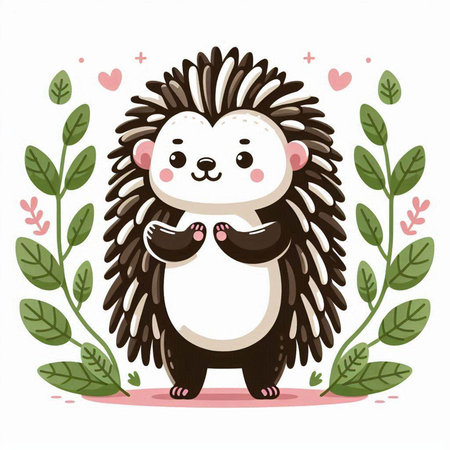 Cute cartoon hedgehog with flowers and leaves. Vector illustration.のイラスト素材