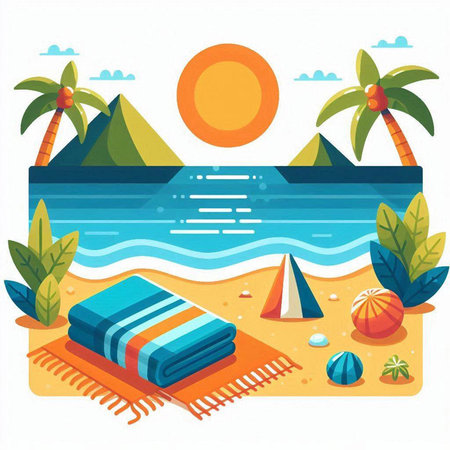 Beach with towels and palm trees. Vector illustration in flat styleのイラスト素材