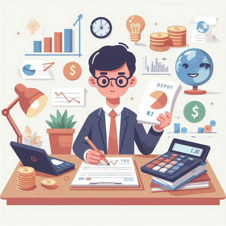 Businessman working in office. Flat style vector illustration. Business concept.のイラスト素材