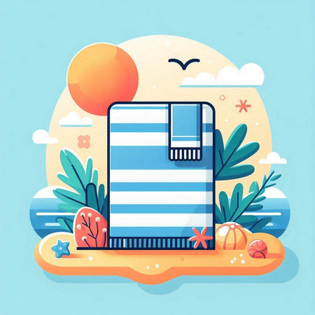 Summer beach flat design vector illustration. Vacation and travel concept.のイラスト素材