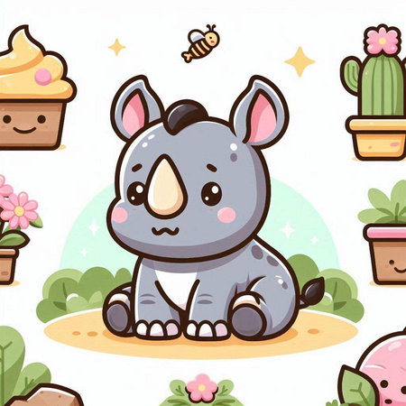Cute rhinoceros sitting on the ground. Vector illustrationのイラスト素材