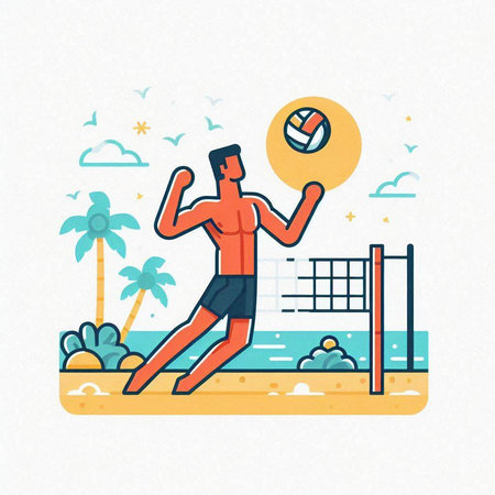 Beach volleyball player. Vector illustration in flat linear style on the theme of summer sports.のイラスト素材