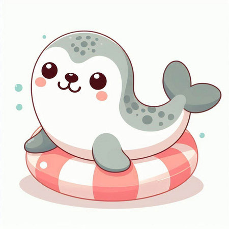 Cute seal on an inflatable ring. Cartoon vector illustration.のイラスト素材