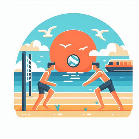 Summer sport vector illustration. Flat style design with people doing exercises on the beach.のイラスト素材
