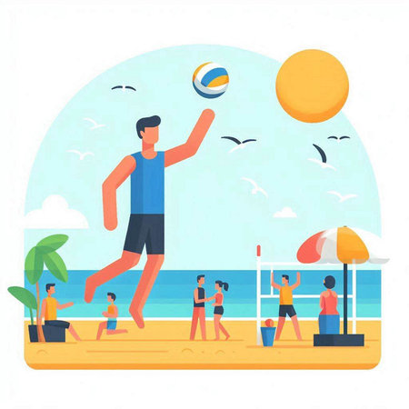 Beach volleyball flat vector illustration. Cartoon young people playing ball on sand. Summer sport activity concept.のイラスト素材
