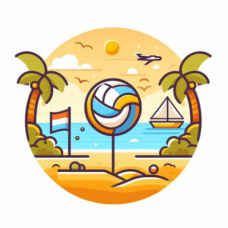 Beach with palm trees and volleyball ball on the sand. Vector illustrationのイラスト素材