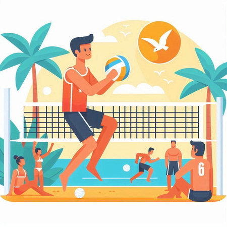 Volleyball player flat color vector illustration. Male volleyball player with ball on the beach. Summer sport activity isolated cartoon characters on white backgroundのイラスト素材