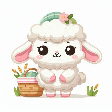 Cute cartoon sheep with basket on white background. Vector illustration.のイラスト素材