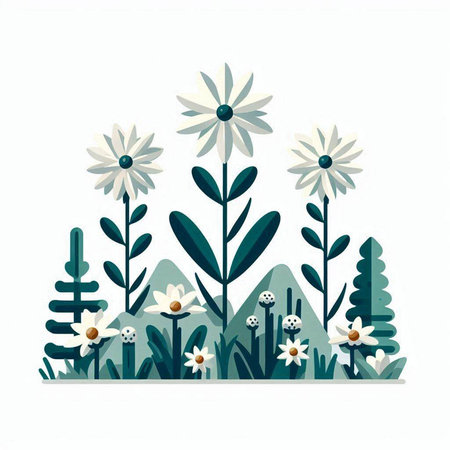 Flowers and plants in cartoon style on white background. Vector illustration.のイラスト素材